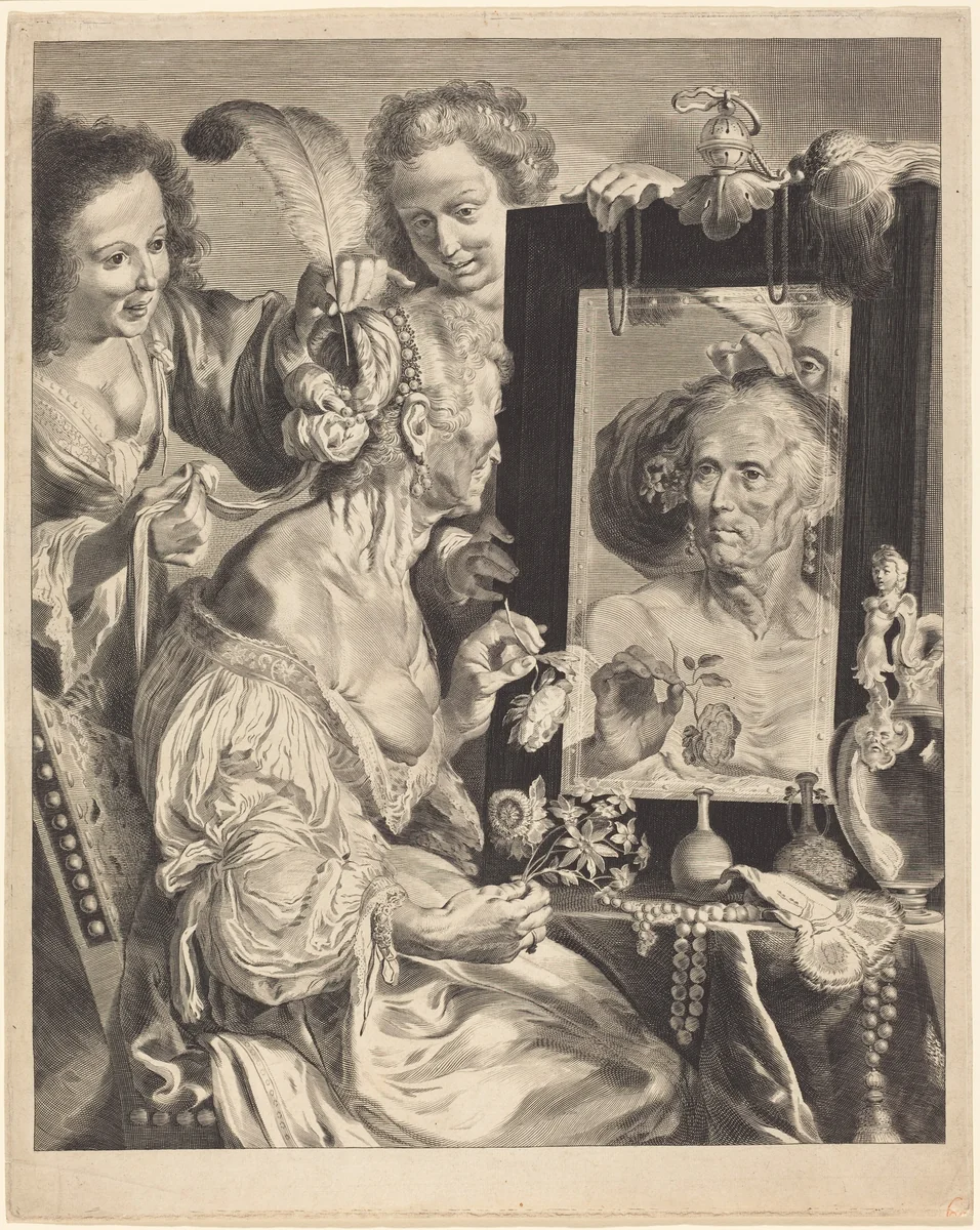 An Old Woman at the Toilet Table by Jeremias Falck; Johann Liss; Bernardo Strozzi, print, 1650-1665