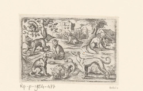 Drie honden, een wolf, een kat, een vos, een eekhoorn en een bever by Stephan Herman, print, 1578-1596