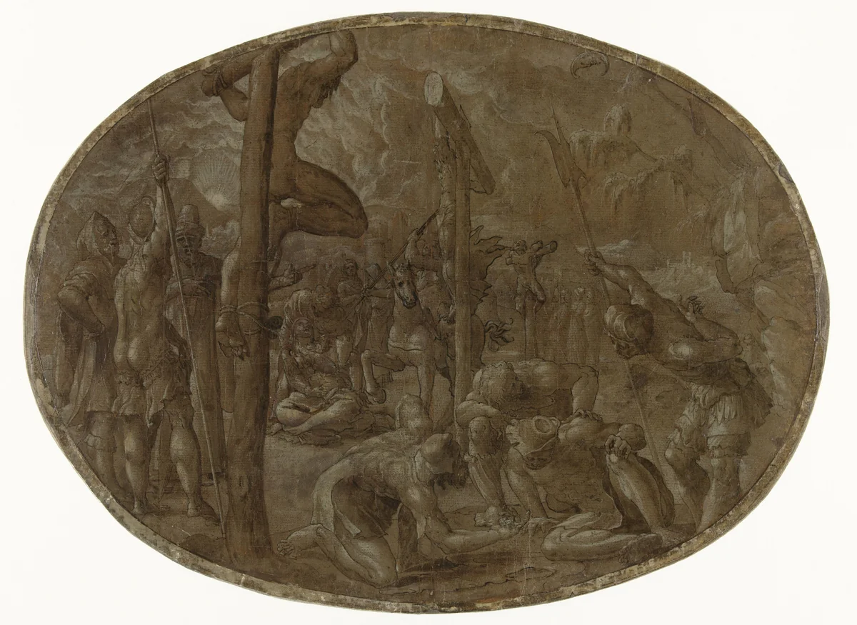 Kruisiging by Meester van de Liechtensteinse Aanbidding, drawing, 1540-1565