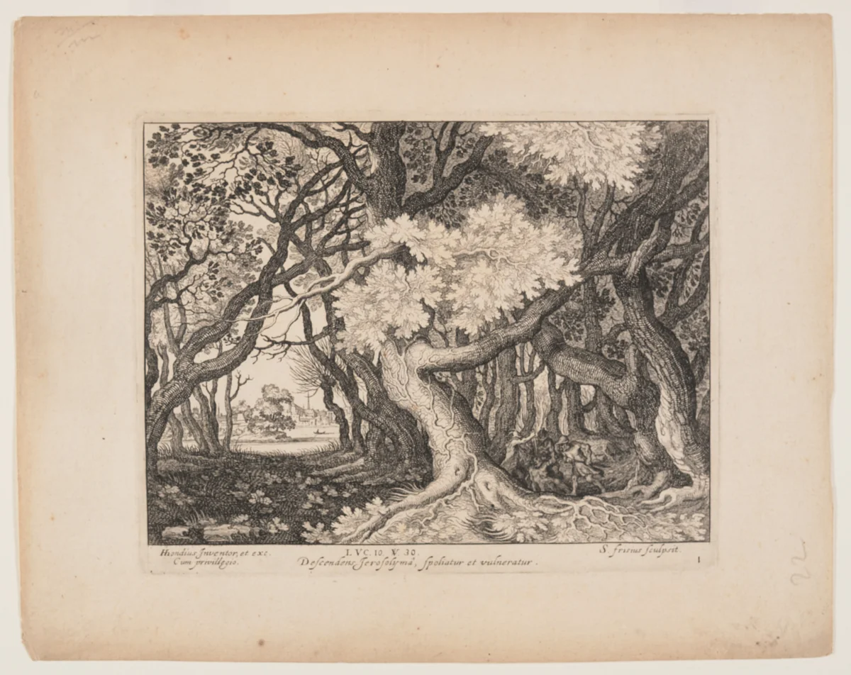 The Man Wounded by the Thieves, from Landscapes with the Story of the Good Samaritan by Simon Frisius, print, 1600-1620
