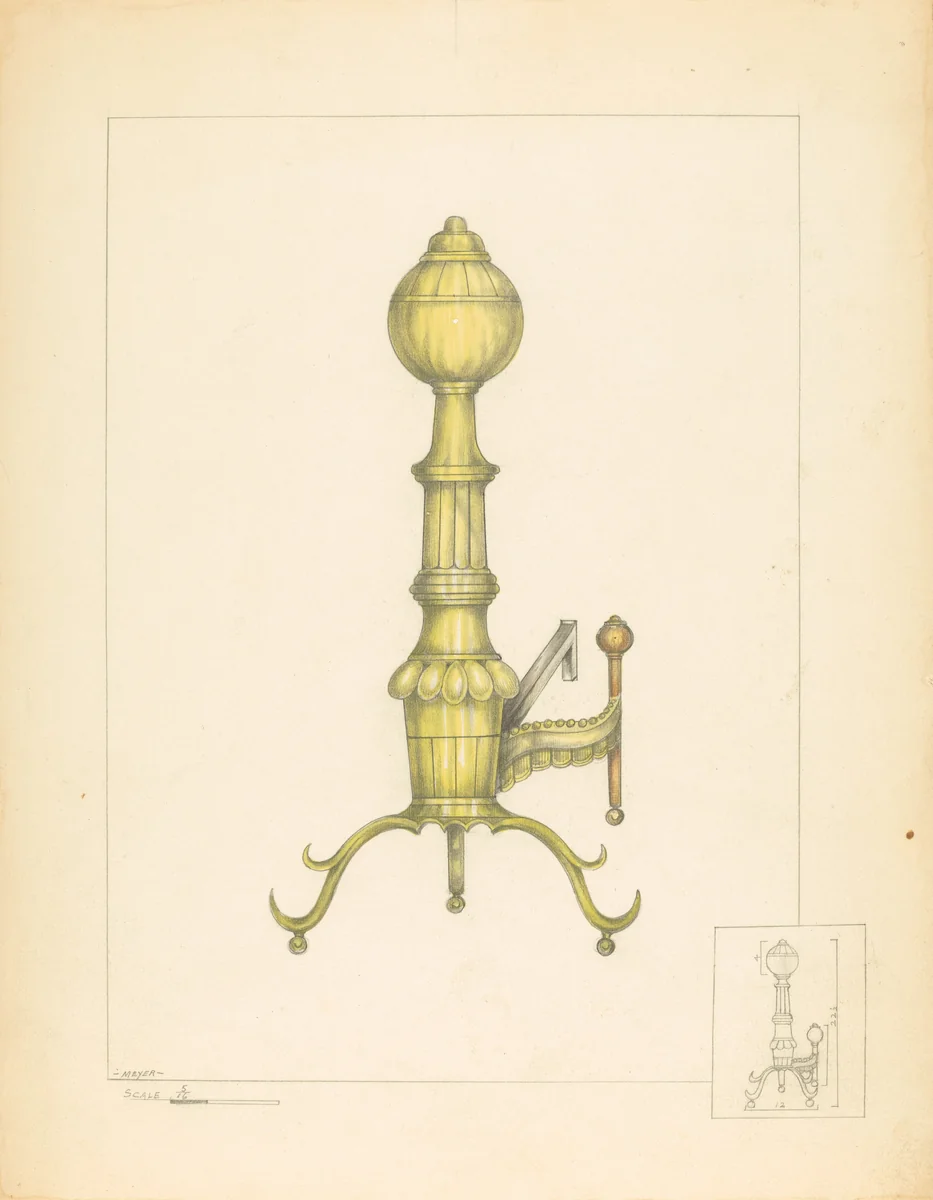 Brass Andiron by Henry Meyers, index of american design, 1937