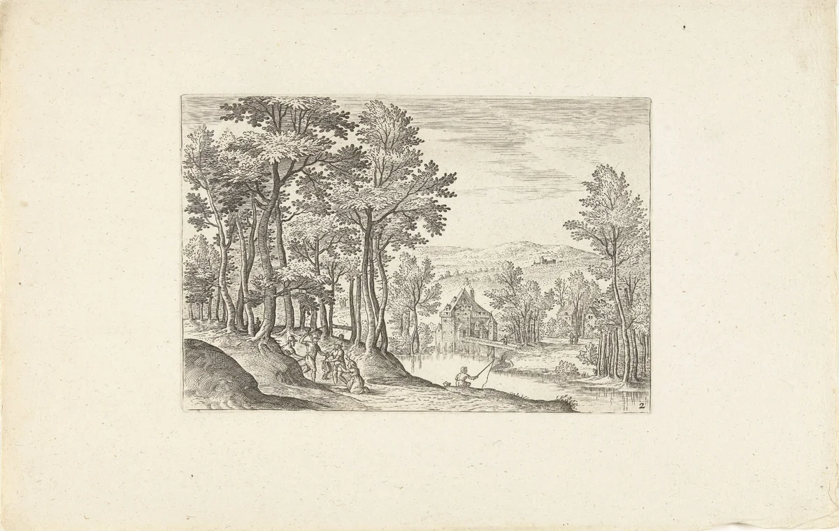 Landschap met een rivier by Adriaen Collaert, print, 1578-1618