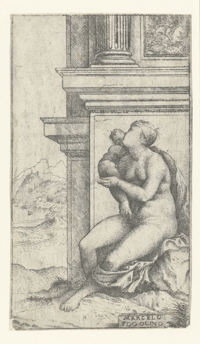 Vrouw met kind zit bij klassiek gebouw by Unknown, print, 1529-1533