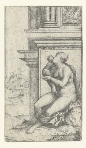Vrouw met kind zit bij klassiek gebouw by Unknown, print, 1529-1533