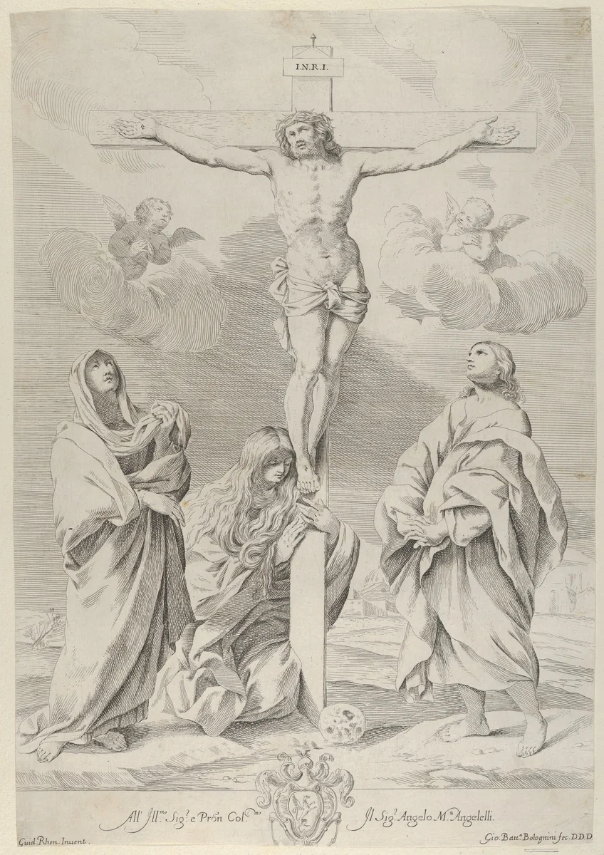 Christ on the cross, Saint John the Baptist at right, Mary Magdelene and the Virgin at left, after Reni by Gian Battista Bolognini, print, 1635-1688