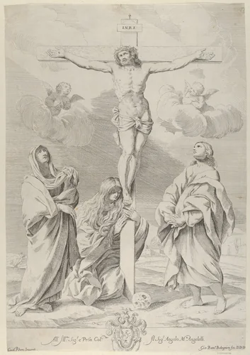 Christ on the cross, Saint John the Baptist at right, Mary Magdelene and the Virgin at left, after Reni by Gian Battista Bolognini, print, 1635-1688