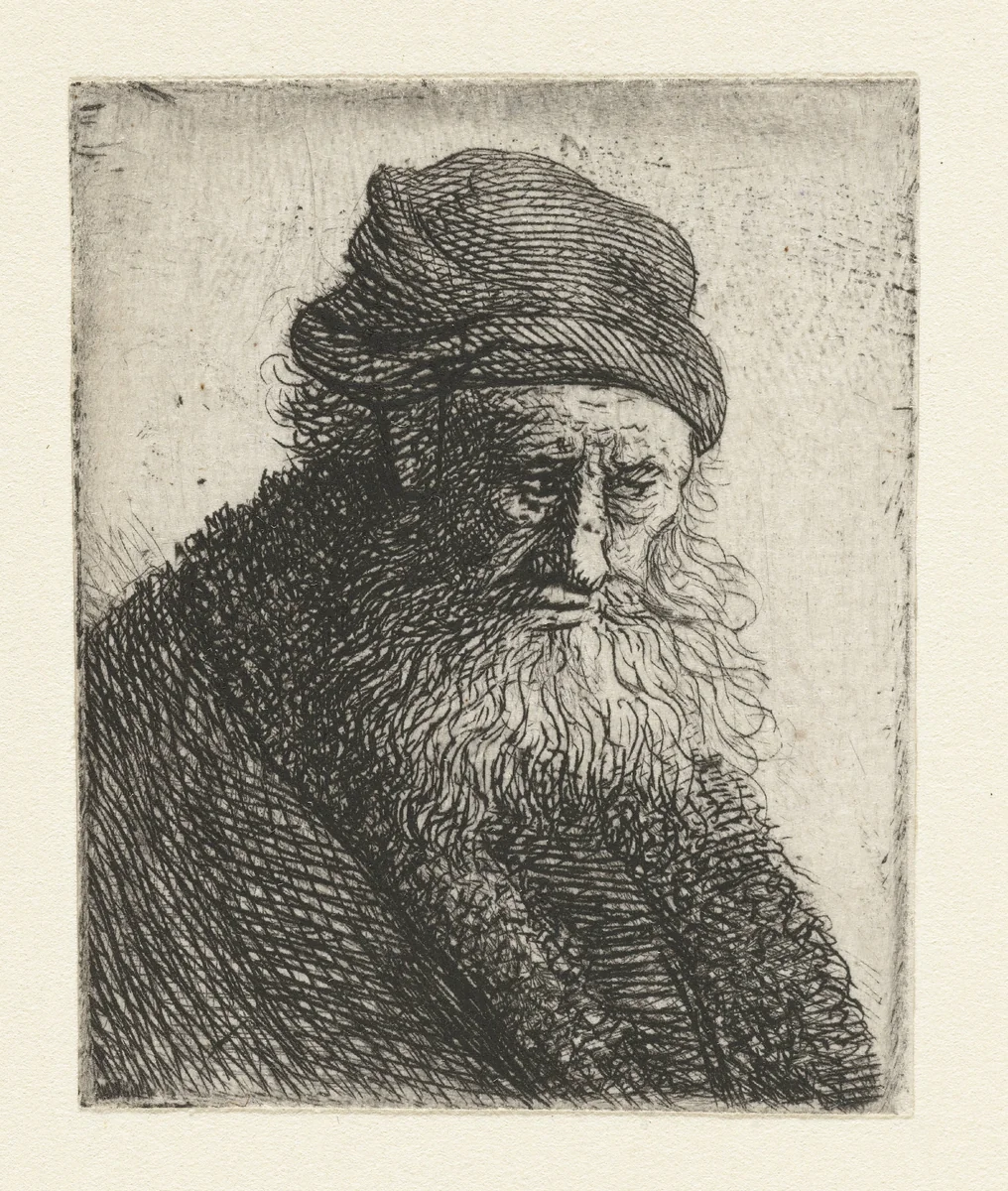 Bearded man with short wavy hair: bust by Rembrandt van Rijn, print, 1631