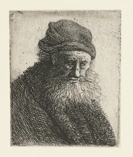 Bearded man with short wavy hair: bust by Rembrandt van Rijn, print, 1631