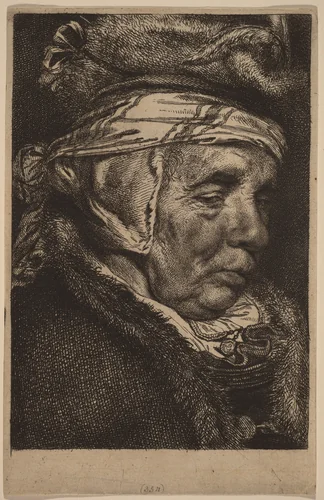 Head of an Old Woman (Visscher's Mother) by Cornelis Visscher, print, 1645-1655