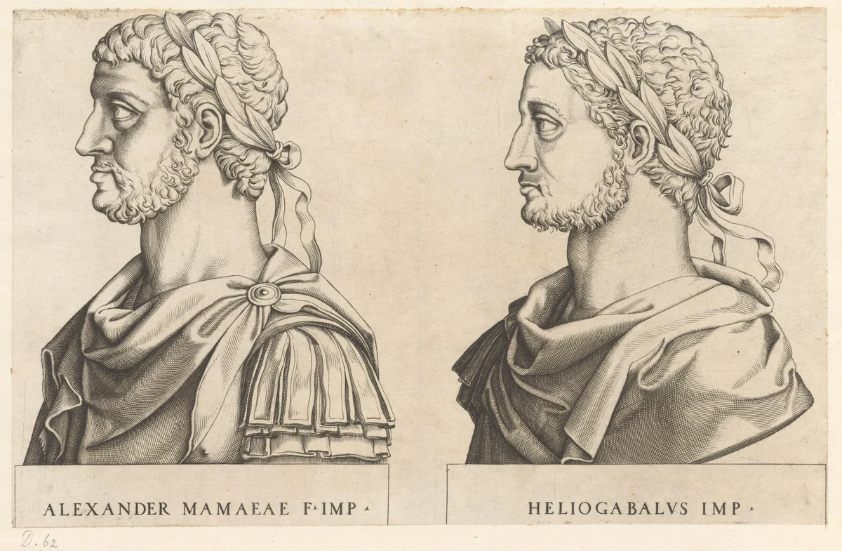 Portretbustes van Romeinse keizers Severus Alexander en Elagabalus by anonymous, print, 1510-1562