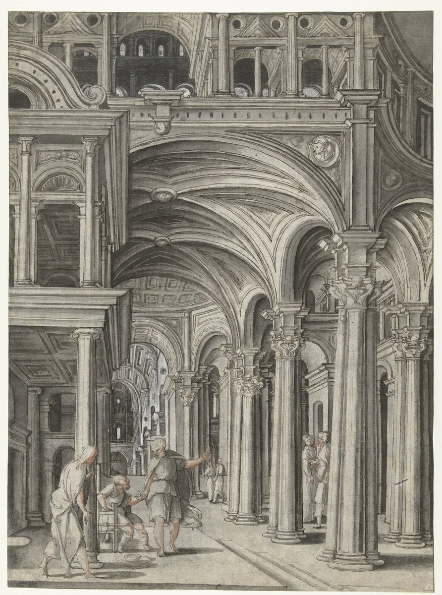 Petrus geneest de verlamde man in de tempel by Aertgen Claesz van Leyden, drawing, 1508-1564