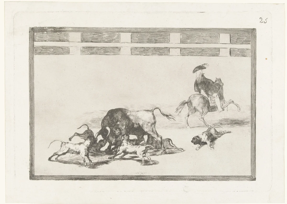 Stier aangevallen door honden by Francisco de Goya, print, 1811-1816