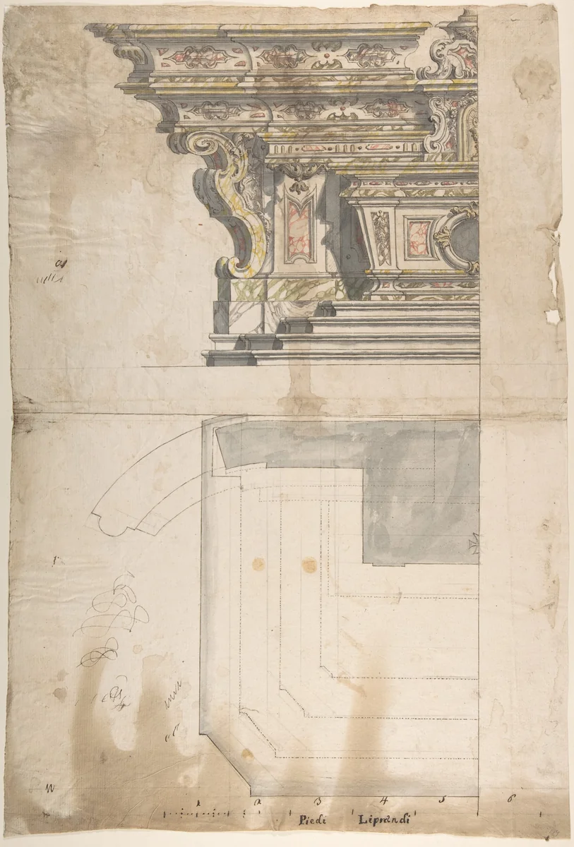 Design for one Half of an Altar: Elevation and Ground Plan by anonymous, drawing, 1700-1780