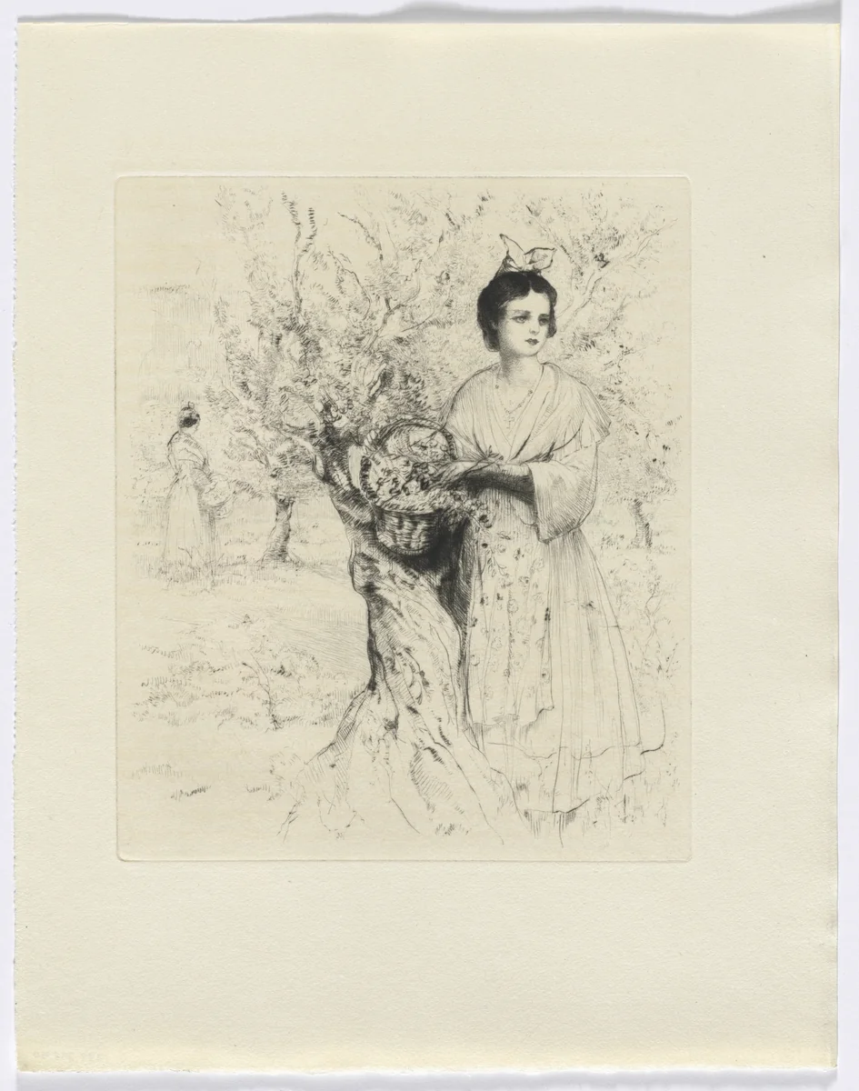 Frédéric Mistral: Mémoires et Recits by Frédéric Mistral: woman outside with a basket of flowers (insert after p. 192) by Auguste Brouet, other, 1937