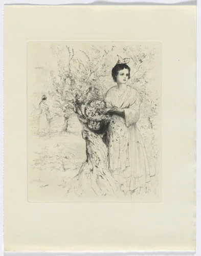 Frédéric Mistral: Mémoires et Recits by Frédéric Mistral: woman outside with a basket of flowers (insert after p. 192) by Auguste Brouet, other, 1937