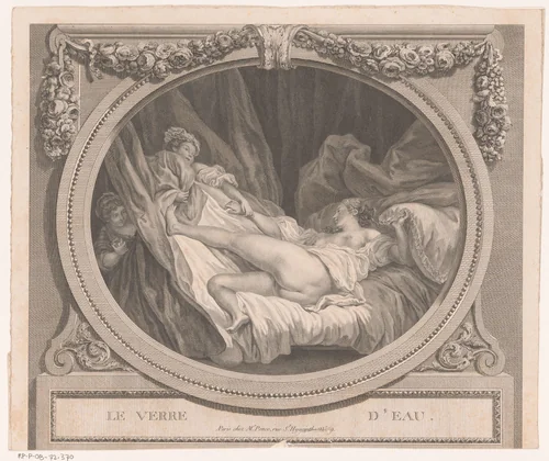 Twee dienstmeisjes trekken de dekens weg van een half ontklede vrouw in een bed by Nicolas Ponce, print, 1756-1831