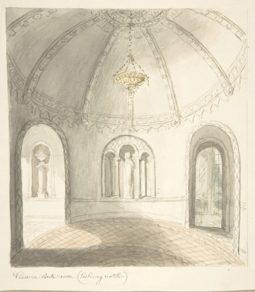 Lea Castle, Worcestershire, View in Ante-room, Looking North by John Carter, drawing, 1811-1821