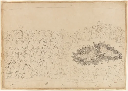 Rama and Lakshmana Overwhelmed by Arrows: Folio from the Siege of Lanka series by Manaku, painting, 1715-1735