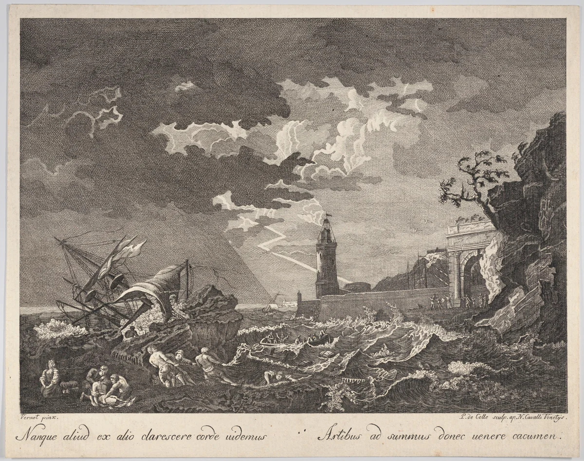 Nanque aliud ex alio clarescere corde uidemus. Artibus ad summus donec uenere cacumen. by Joseph Vernet, print, 1745-1805