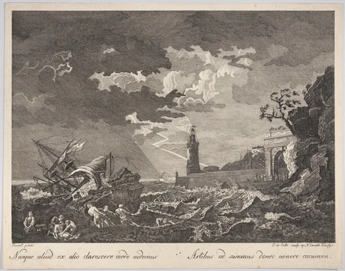Nanque aliud ex alio clarescere corde uidemus. Artibus ad summus donec uenere cacumen. by Joseph Vernet, print, 1745-1805