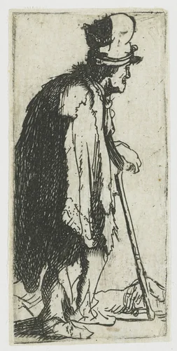 Beggar with a clenched hand, leaning on a stick by Rembrandt van Rijn, print, 1629