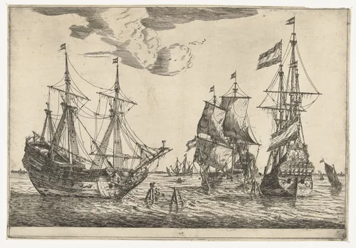 Drie aangemeerde zeilschepen by Reinier Nooms, print, 1650-1664