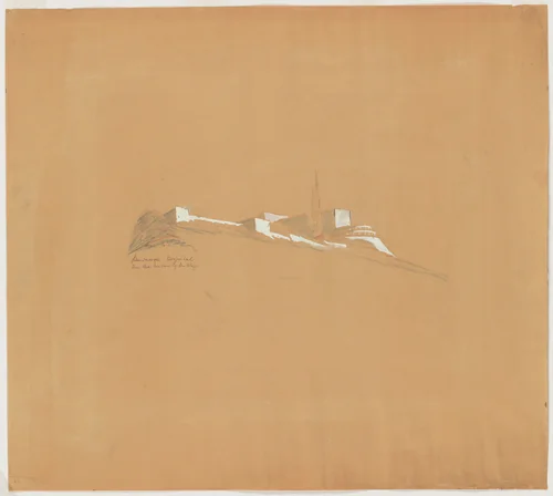 Hadassah University Hospital, Mount Scopus, Jerusalem, Exterior perspective of northwest corner from University Building by Erich Mendelsohn, architecture, 1935