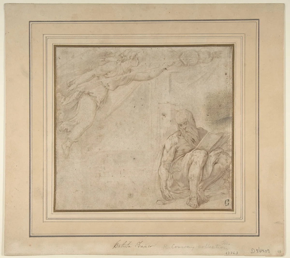 Allegory with a Flying Victory and a Seated Bearded Man with a Book by Battista Franco, drawing, 1510-1561