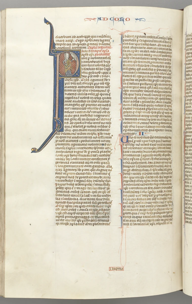 Fol. 453v, Colossians, historiated initial P, Paul standing talking to the bust of God above by Unknown, book, 1270-1300