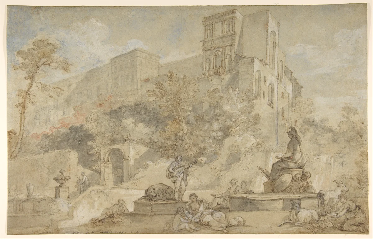 The Fountain of Rome at the Villa d'Este, Tivoli by Charles Joseph Natoire, drawing, 1765