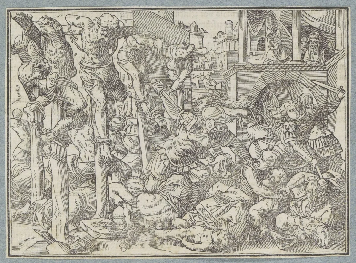 Mannen, vrouwen en kinderen gekruisigd of doodgestoken by Christoffel van Sichem, print, 1574