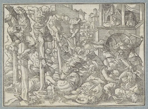 Mannen, vrouwen en kinderen gekruisigd of doodgestoken by Christoffel van Sichem, print, 1574