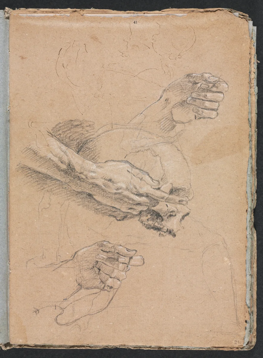 Verona Sketchbook:Study of hands and skull (page 21) by Francesco Lorenzi, book, 1760