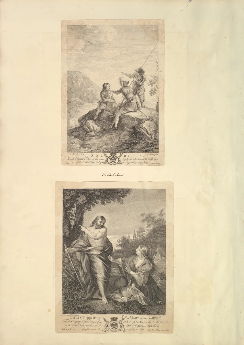 Leaf from Aedes Walpolianae mounted with two prints: (a): Three Soldiers; (b): Christ Appearing to Mary in the Garden by Richard Earlom, print, 1763-1822