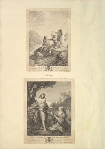 Leaf from Aedes Walpolianae mounted with two prints: (a): Three Soldiers; (b): Christ Appearing to Mary in the Garden by Richard Earlom, print, 1763-1822