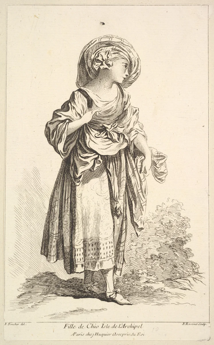 Fille de Cio isle de l'Archipel, plate 10 from "Recueil de diverses fig.res étrangeres Inventées par F. Boucher P.tre du Roy et Gravées par F. Ravenet" (Collection of Various Foreign Figures, Devised by F. Boucher, Painter of the King and Engraved [etched] by F. Ravenet) by Simon Ravenet, print, 1710-1772