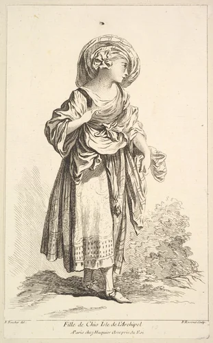 Fille de Cio isle de l'Archipel, plate 10 from "Recueil de diverses fig.res étrangeres Inventées par F. Boucher P.tre du Roy et Gravées par F. Ravenet" (Collection of Various Foreign Figures, Devised by F. Boucher, Painter of the King and Engraved [etched] by F. Ravenet) by Simon Ravenet, print, 1710-1772