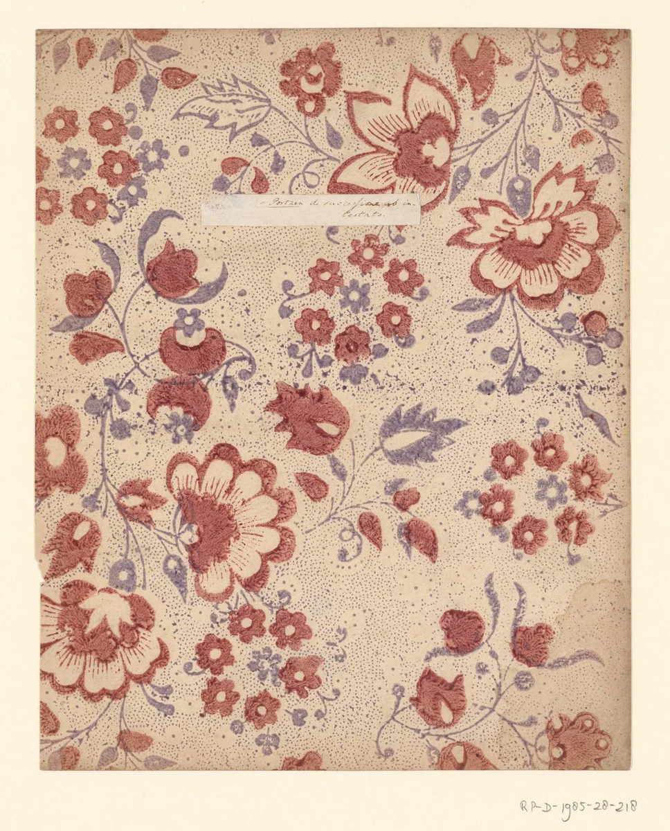 Blad met strooipatroon van bloemen en vruchten met puntenfond by anonymous, other, 1750-1900
