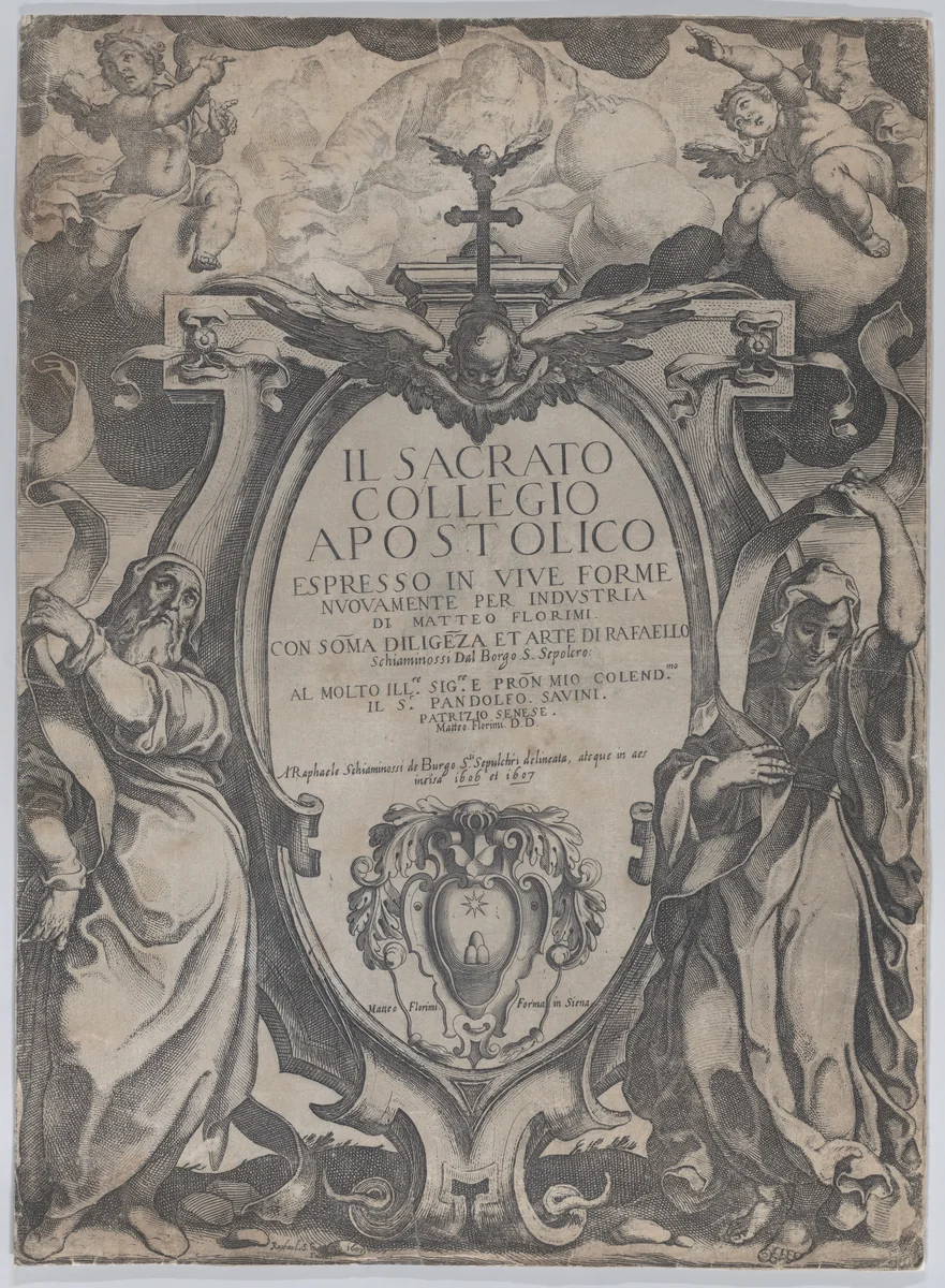 Frontispiece with two figures holding scrolls and cherubs flanking the cartouche at center, from 'The Consecrated Apostolic College' (Il sacrato collegio apostolico) by Raffaello Schiaminossi, print, 1606-1607