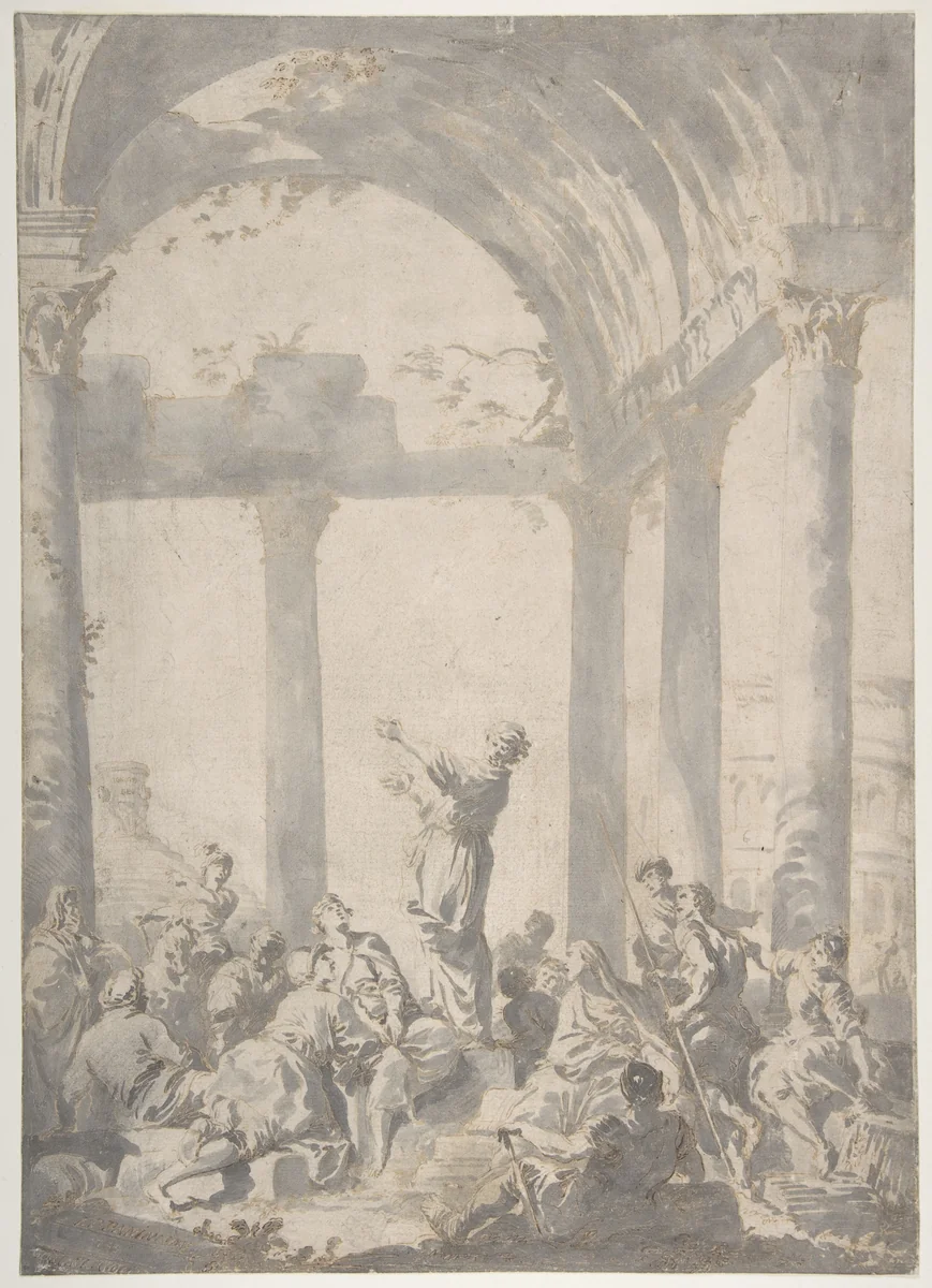 Saint Paul Preaching in Athens by Giovanni Paolo Panini, drawing, 1733