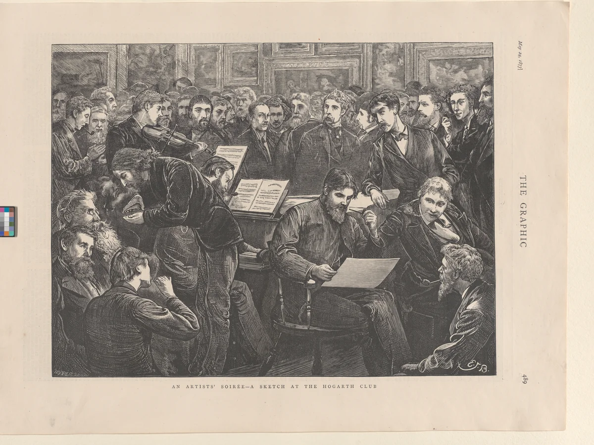 An Artists' Soirée–A Sketch at the Hogarth Club, from "The Graphic," p. 489 by William Harcourt Hooper, print, 1873