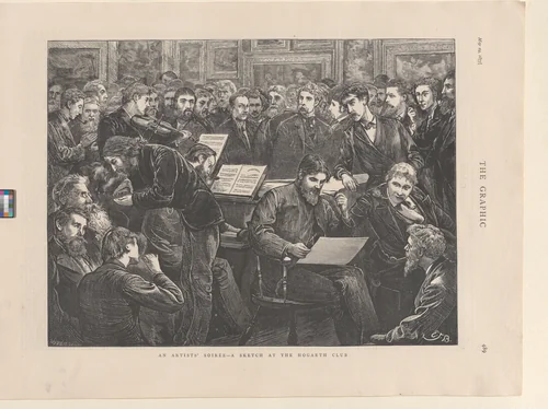 An Artists' Soirée–A Sketch at the Hogarth Club, from "The Graphic," p. 489 by William Harcourt Hooper, print, 1873