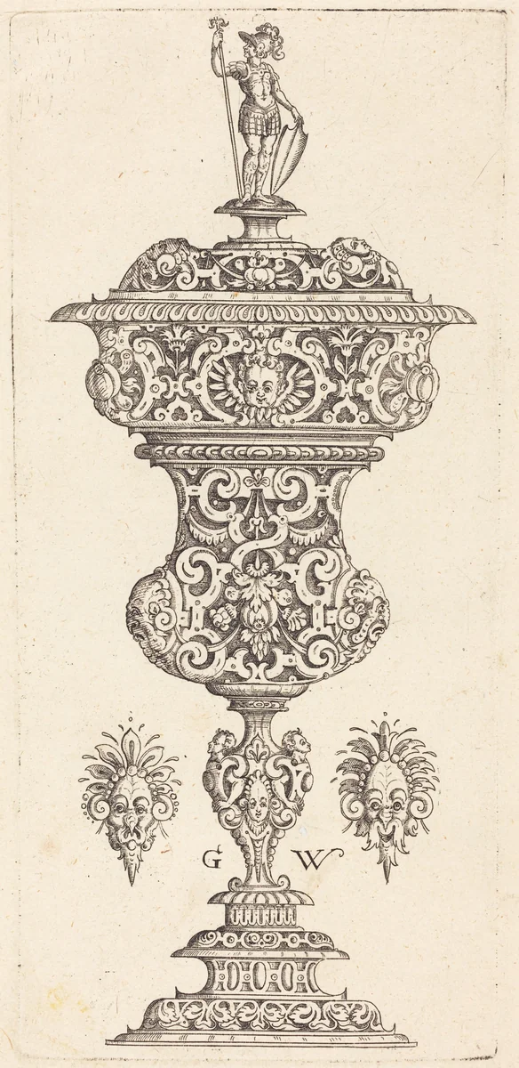 Goblet with lid surmounted by a Roman soldier by Georg Wechter, print, 1579