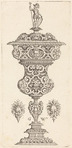 Goblet with lid surmounted by a Roman soldier by Georg Wechter, print, 1579