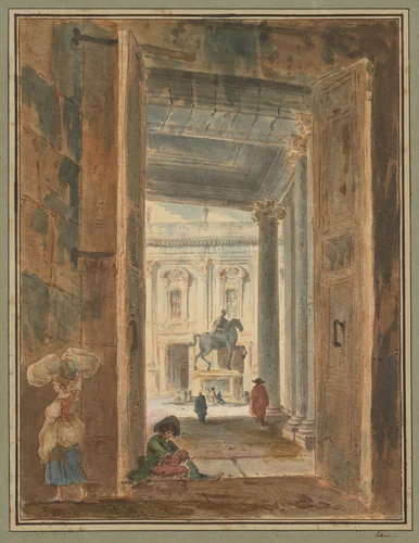 View of the Campidoglio with the Statue of Marcus Aurelius by Hubert Robert, drawing, 1762