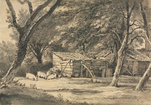 Farm with Pigs Foraging by Henry Edridge, drawing, 1784-1821