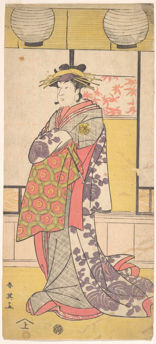 Nakayama Tatezo as a Courtesan Standing, Facing Toward the Left by Katsukawa Shun'ei (勝川春英), print, 1782-1803