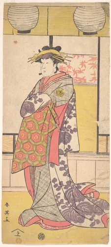 Nakayama Tatezo as a Courtesan Standing, Facing Toward the Left by Katsukawa Shun'ei (勝川春英), print, 1782-1803