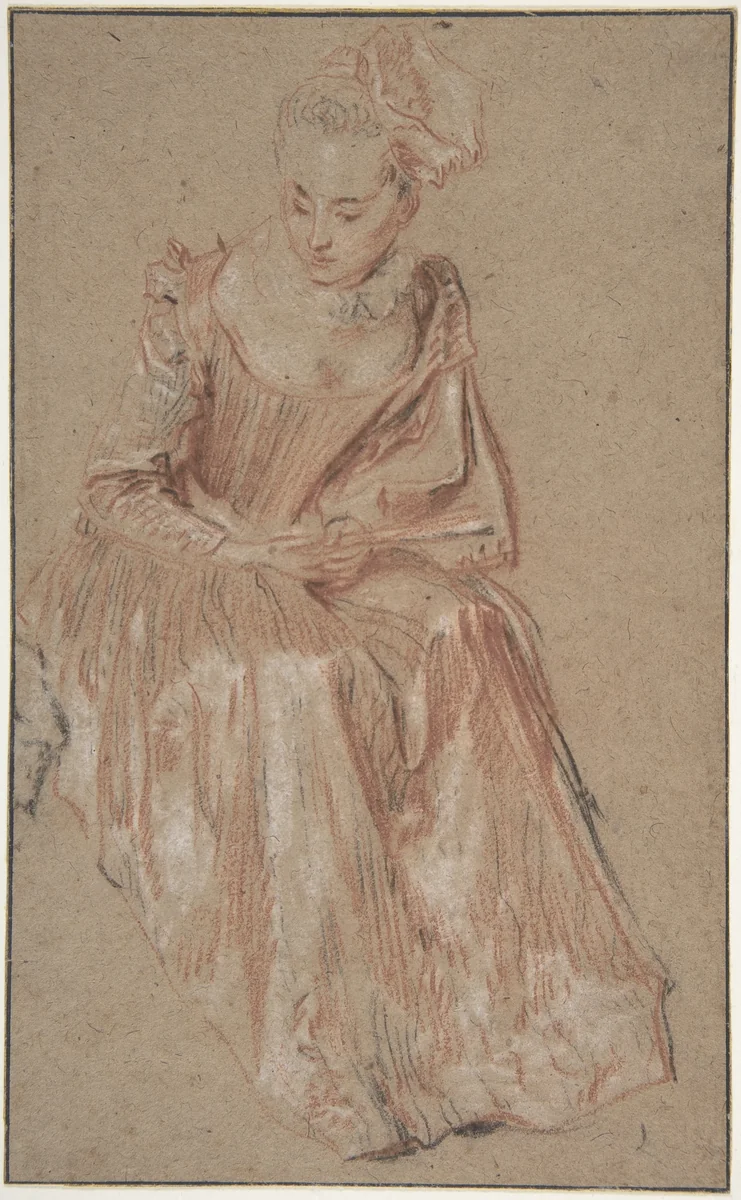 Seated Woman Holding a Fan by Antoine Watteau, drawing, 1712-1722
