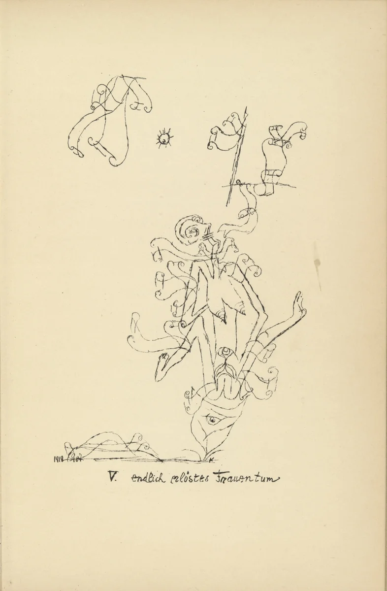Womanhood Finally Redeemed (plate facing page 52) from Potsdamer Platz oder Die Nächte des neuen Messias. Ekstatische Visionen (Potsdamer Platz or The Nights of the New Messiah. Ecstatic Visions) by Paul Klee, illustrated book, 1919